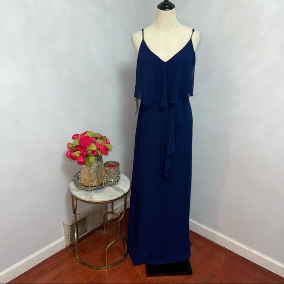 # Laundry Shelli Segal Midnight Pop Over Ruffled Chiffon Maxi Gown Dress Size 2 - Picture 3 of 15